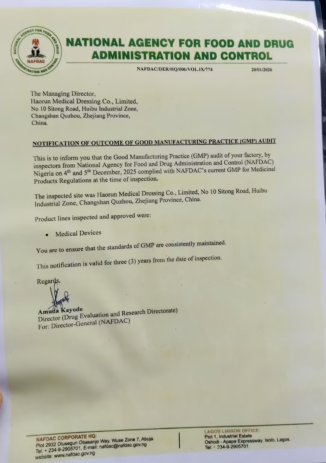 ຜະລິດຕະພັນທາງການແພດ Haorun ໄດ້ຮັບໃບຢັ້ງຢືນການລົງທະບຽນ NAFDAC ຢ່າງເປັນທາງການໃນໄນຈີເຣຍ